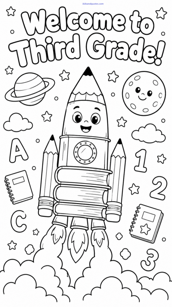 A rocket made of pencils and books blasting off with stars and planets around it. Text: “Welcome to Third Grade!”