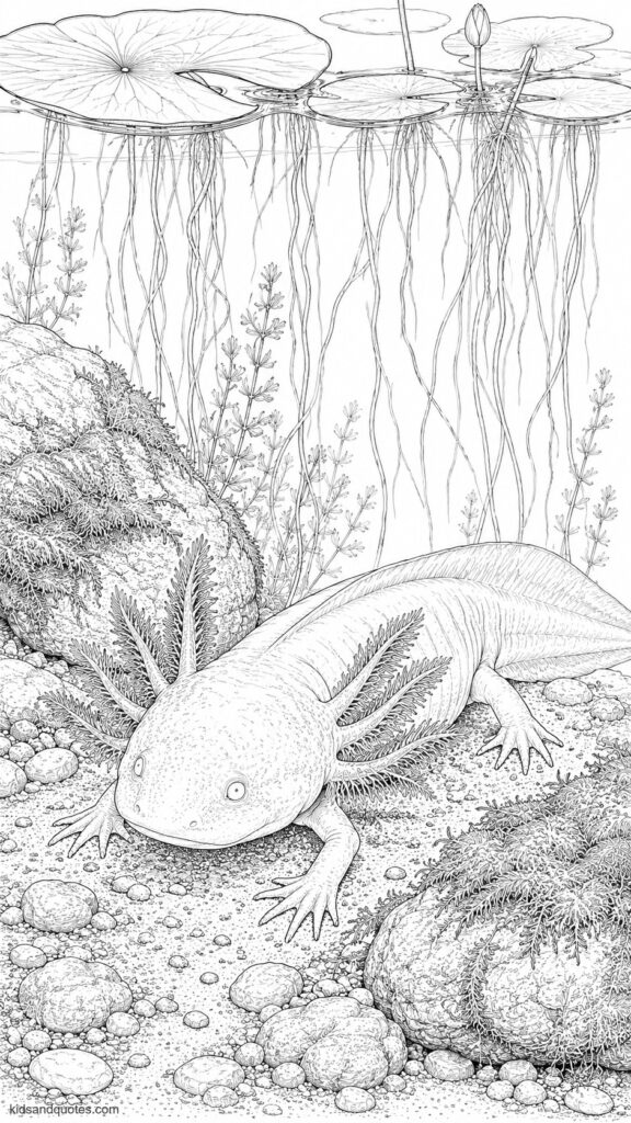 Free printable coloring page: Albino axolotl resting among realistic aquatic vegetation water lily roots, submerged moss, and fine-detailed pebbles covering the lakebed.S
