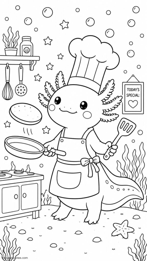 Coloring page: Axolotl dressed as a tiny chef, tall white hat, apron, and spatula, flipping a mini pancake in a pan underwater.