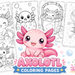 Axolotl coloring pages showing a cute pink kawaii axolotl in the center, surrounded by black-and-white printable axolotl coloring sheets, bubbles, sea plants.