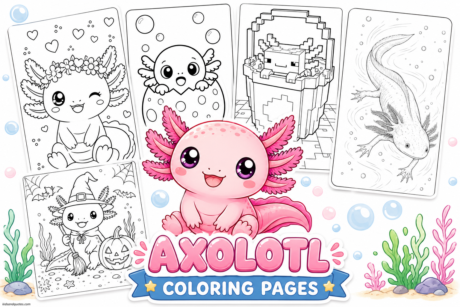 Axolotl coloring pages showing a cute pink kawaii axolotl in the center, surrounded by black-and-white printable axolotl coloring sheets, bubbles, sea plants.