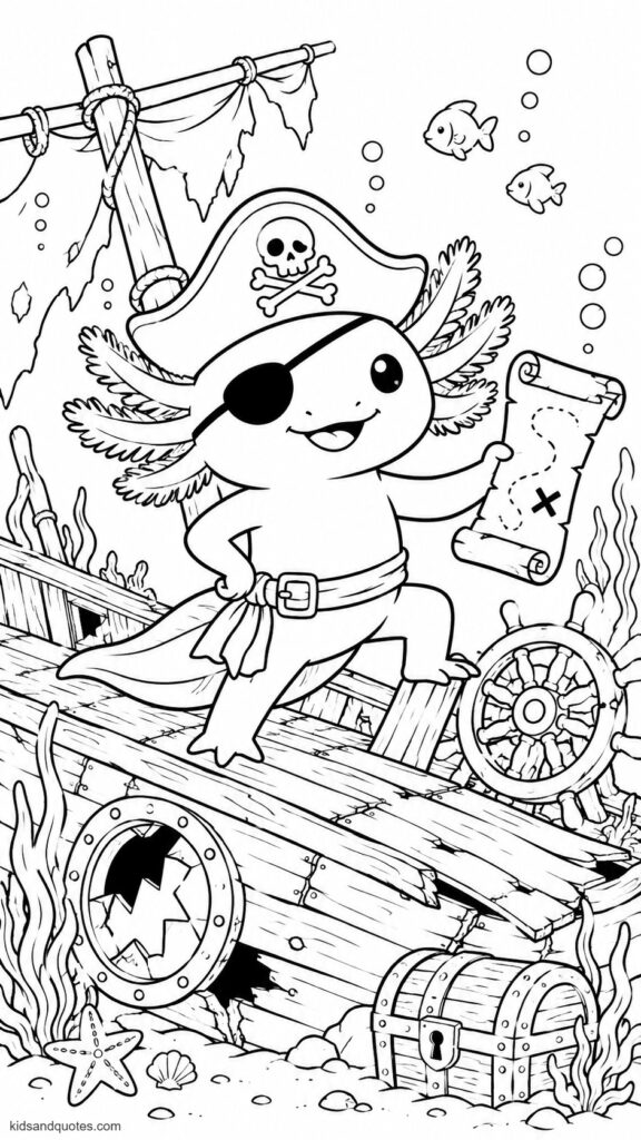 Coloring page: Axolotl dressed as a pirate tiny tricorn hat, eye patch, small treasure map in hand standing on a sunken ship's deck.