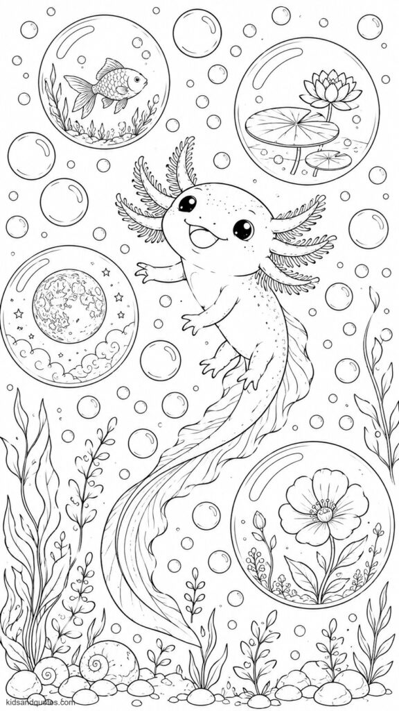 Coloring page: Axolotl drifting through a field of giant underwater bubbles of various sizes, each bubble reflecting a tiny scene inside it.