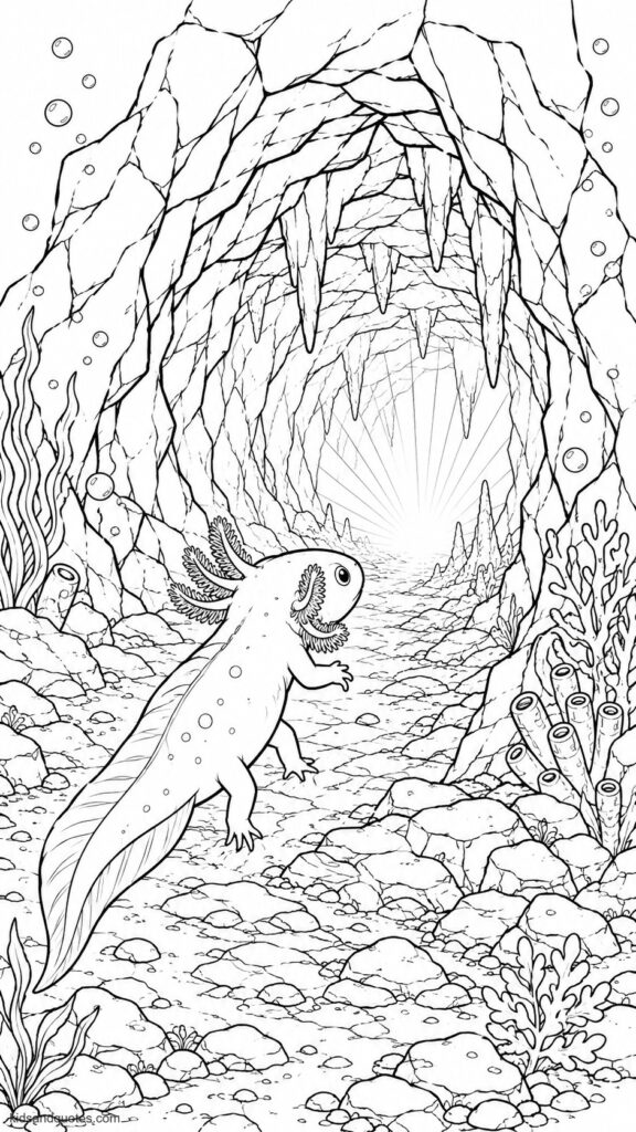 Coloring Page: Axolotl exploring a dark underwater cave, a faint light glowing from within the cave entrance, stalactites hanging from the ceiling above.