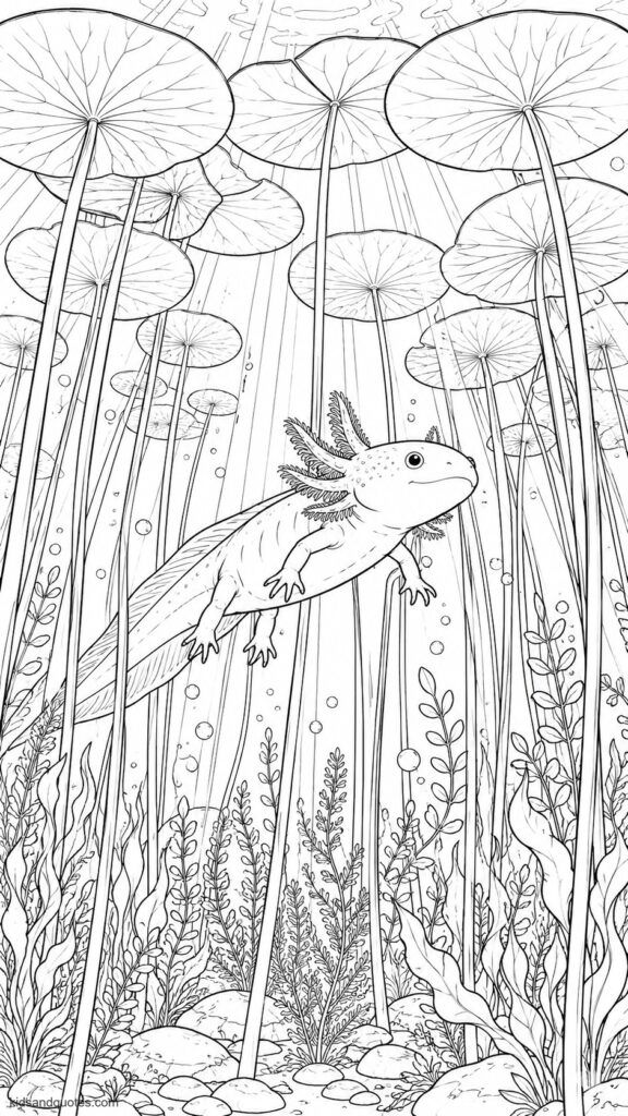 Axolotl gliding serenely through a dense field of lily pads from below, light rays filtering down from the water surface above.