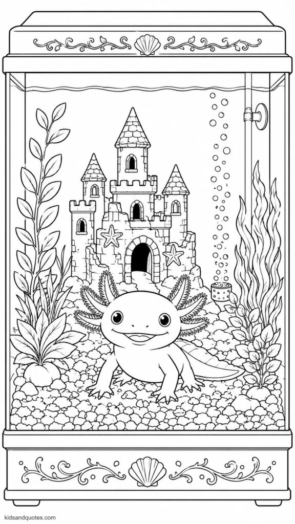 Coloring page: Axolotl inside a beautifully decorated home aquarium tank... colored gravel, planted greenery, a sunken castle ornament, and air bubbles rising.