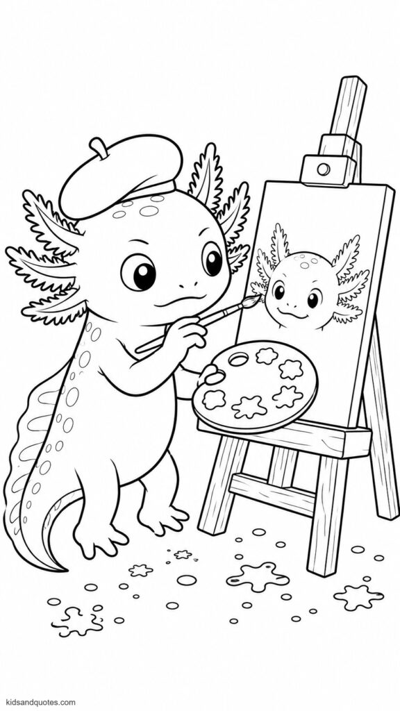 Free coloring page: Axolotl sitting at a miniature art easel, painting a self-portrait with a tiny brush, paint palette balanced on one stubby arm.