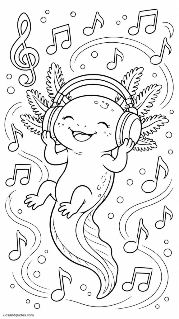 Coloring page: Axolotl wearing oversized headphones, eyes closed blissfully, musical notes of all sizes floating and swirling all around it in the water.