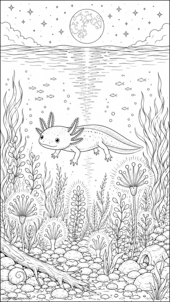 Axolotl floating peacefully in open water at night a full moon visible through the water surface, bioluminescent plants glowing below.