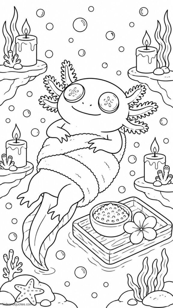 Coloring page: Axolotl relaxing at an underwater spa... cucumber slices over its eyes, wrapped in a towel, candles and bubbles all around.