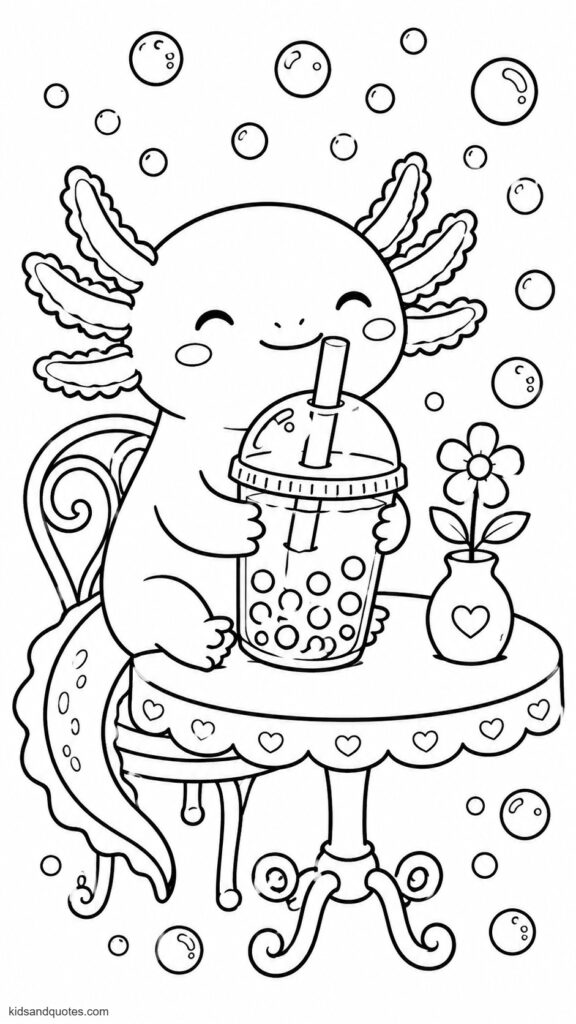 Coloring page: Axolotl sitting at a little café table holding an oversized boba tea cup with a wide straw, bubbles floating cheerfully around it.