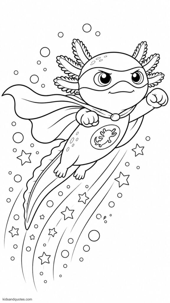 Free printable coloring page of an Axolotl in a superhero cape and mask, flying upward through the water with a determined expression and bubbles trailing behind.