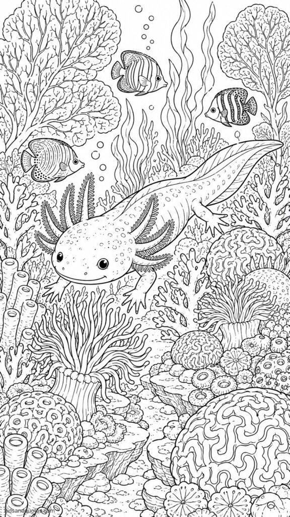 Axolotl swimming through a coral reef teeming with tropical fish, sea anemones, and swaying kelp in every direction.