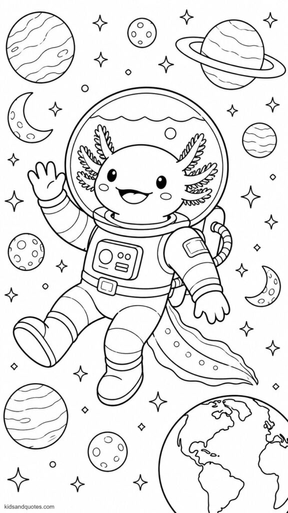 Coloring Page: Axolotl as a tiny astronaut floating through outer space, its fishbowl helmet filled with water, stars and planets surrounding it.