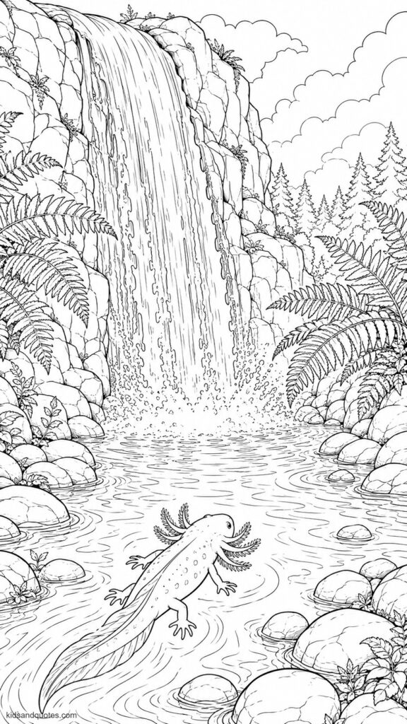 Axolotl swimming beside a waterfall crashing into a clear freshwater pool, surrounded by ferns, rocks, and mist on the water surface.