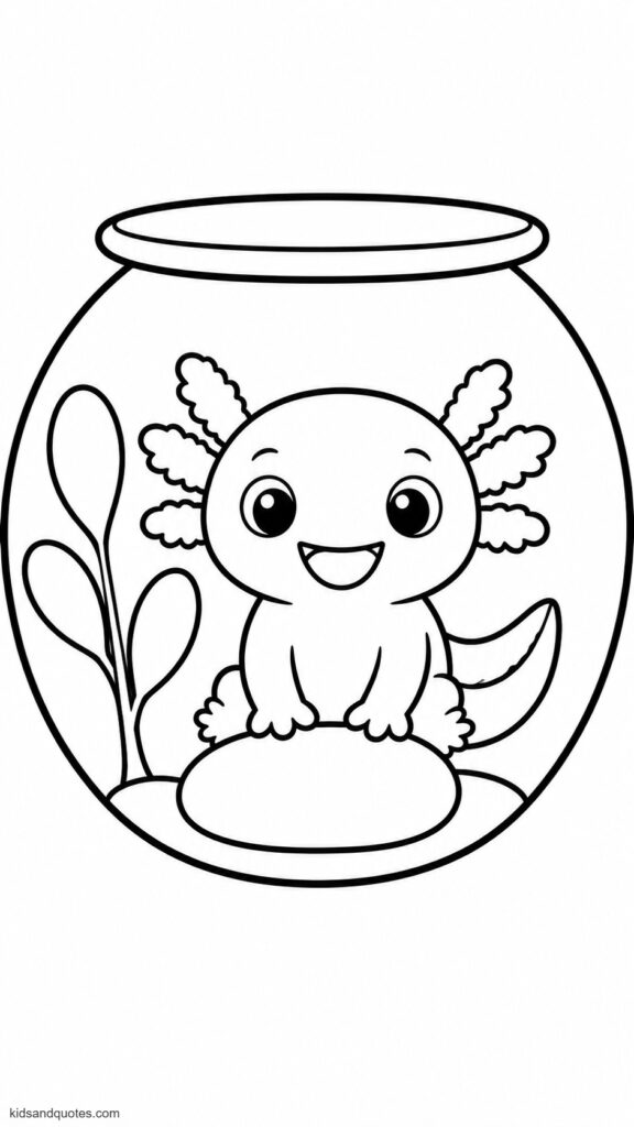 Coloring page of a Baby axolotl sitting in a small round fishbowl decorated with a single pebble and one aquatic plant — simple and uncluttered for little hands.