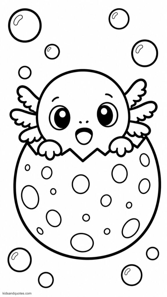 Free coloring sheet: Tiny baby axolotl hatching out of a speckled egg, looking wide-eyed and surprised, surrounded by soft bubbles.