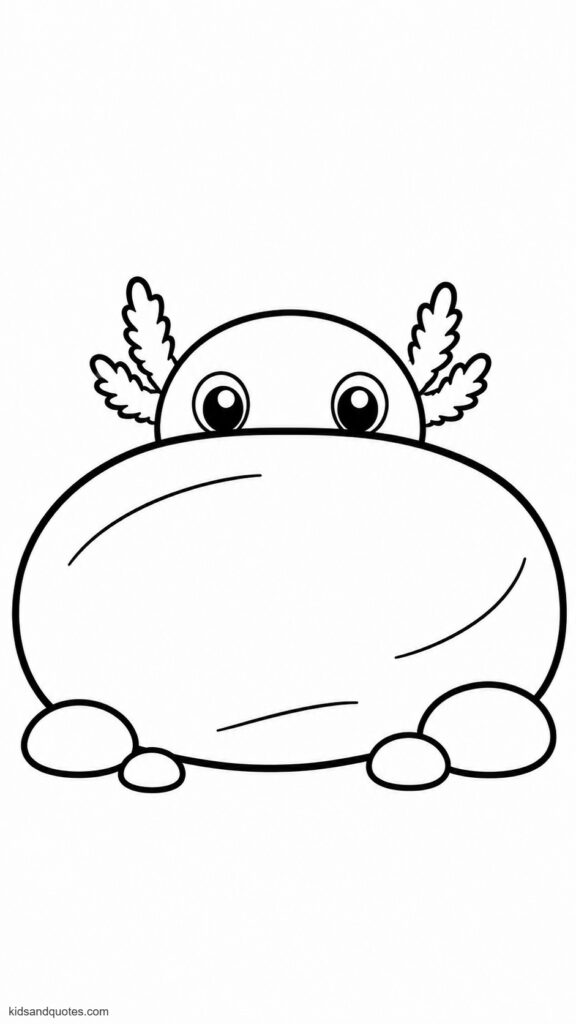 Free coloring page of a Baby axolotl peeking its head out from behind a large smooth river rock, just eyes and gill tips visible, bold simple outlines.