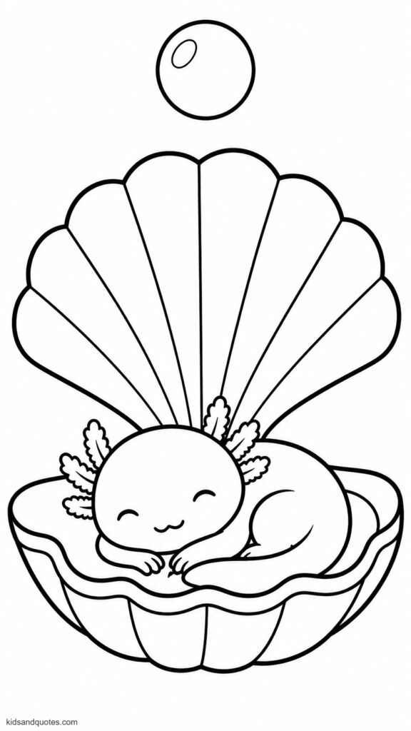 Baby axolotl curled up sleeping inside an oversized clamshell, with a single bubble floating gently above.