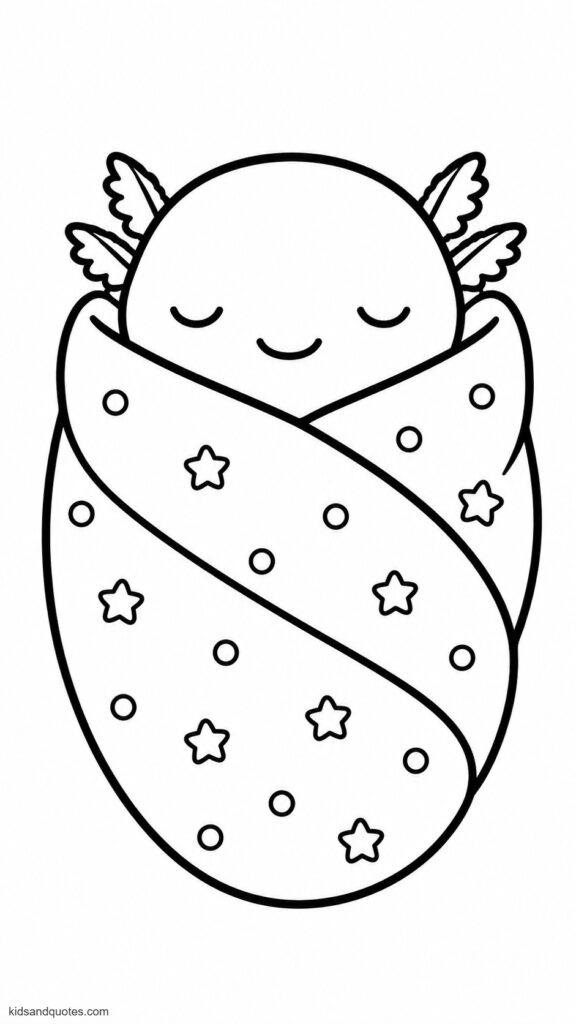 Free printable of a Baby axolotl wrapped snugly in a swaddle blanket with just its tiny head and gill plumes poking out, resting peacefully.