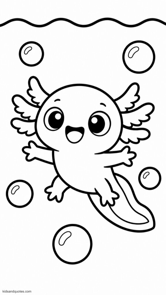 Free Printables: Baby axolotl taking its very first swim, surrounded by large friendly bubbles, with a simple wavy waterline at the top.