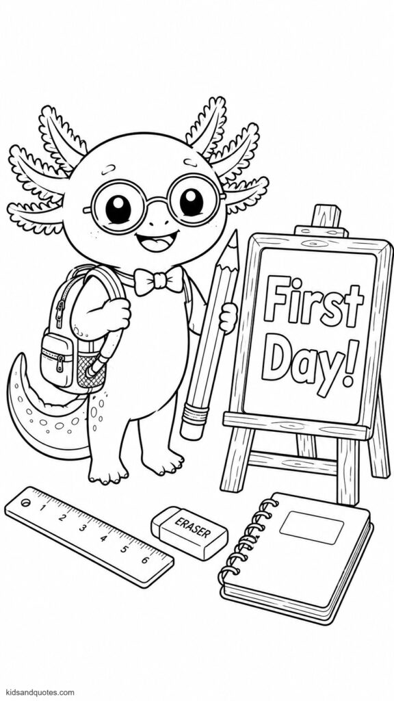 Coloring page: Back-to-school axolotl carrying a tiny backpack, holding a pencil, with a chalkboard sign reading "First Day!" beside it.