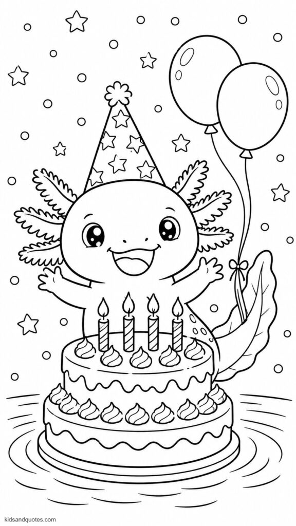 Coloring page: Birthday axolotl wearing a party hat with balloons tied to its tail, a frosted cake with candles floating in front of it.