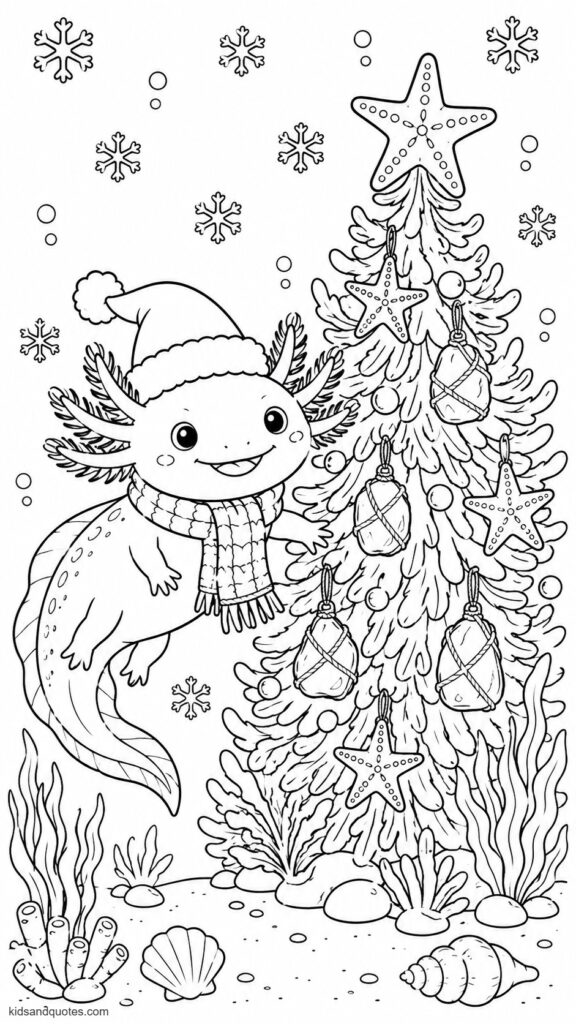 Christmas axolotl wearing a Santa hat and scarf, swimming past an underwater Christmas tree decorated with starfish and sea glass baubles.