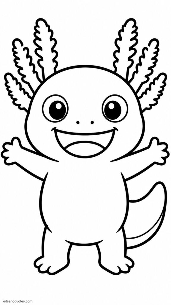 Chubby baby axolotl standing upright with tiny stubby legs and arms outstretched, big goofy grin, no background.