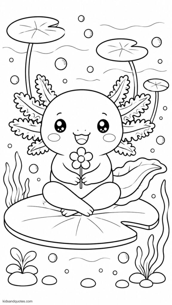 Coloring page of a Chubby-cheeked axolotl sitting cross-legged on a lily pad, holding a tiny flower, with bubbly underwater scenery behind it.