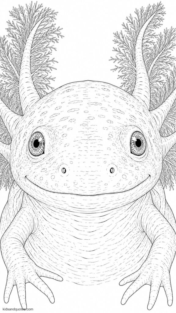 Coloring page: Close-up realistic portrait of an axolotl face intricate gill filaments fully detailed, subtle skin texture visible, soft smile rendered naturally.