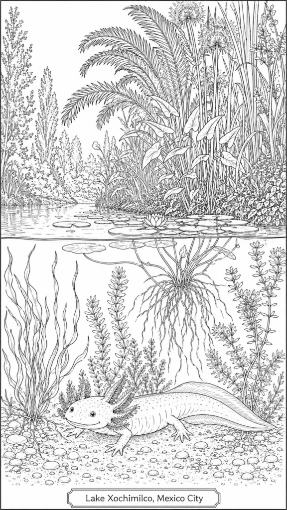 Coloring page: Detailed cross-section scene of Lake Xochimilco showing a realistic axolotl in its natural habitat with accurate water plants and canal surroundings.