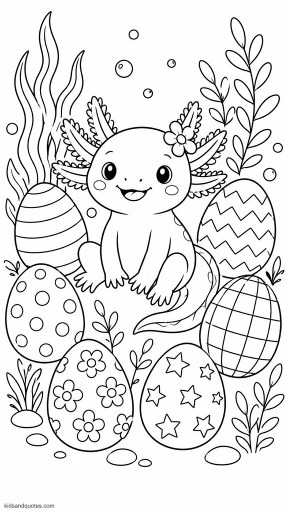 Free printable coloring page: Easter axolotl surrounded by decorated Easter eggs of various patterns nestled among underwater plants and gentle bubbles.