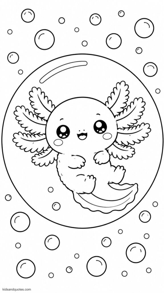 Kawaii axolotl with extra-fluffy frilly gills floating inside a giant iridescent bubble, smaller bubbles drifting all around.