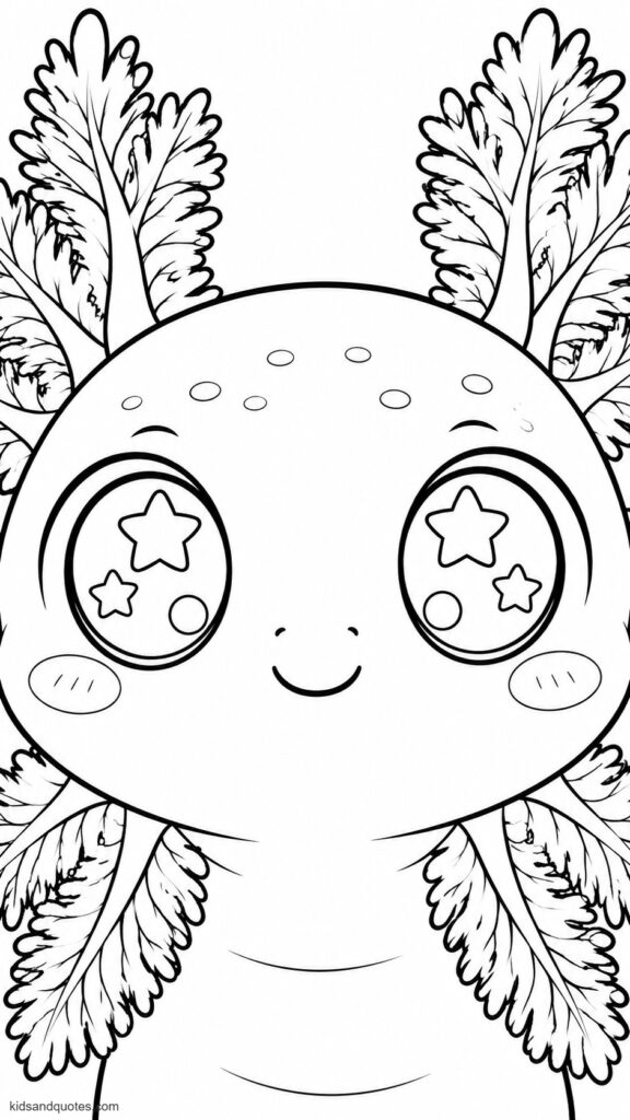 Coloring page of a Close-up kawaii axolotl face, enormous glassy eyes, tiny smile, super-fluffy gill plumes fanning out dramatically on both sides.