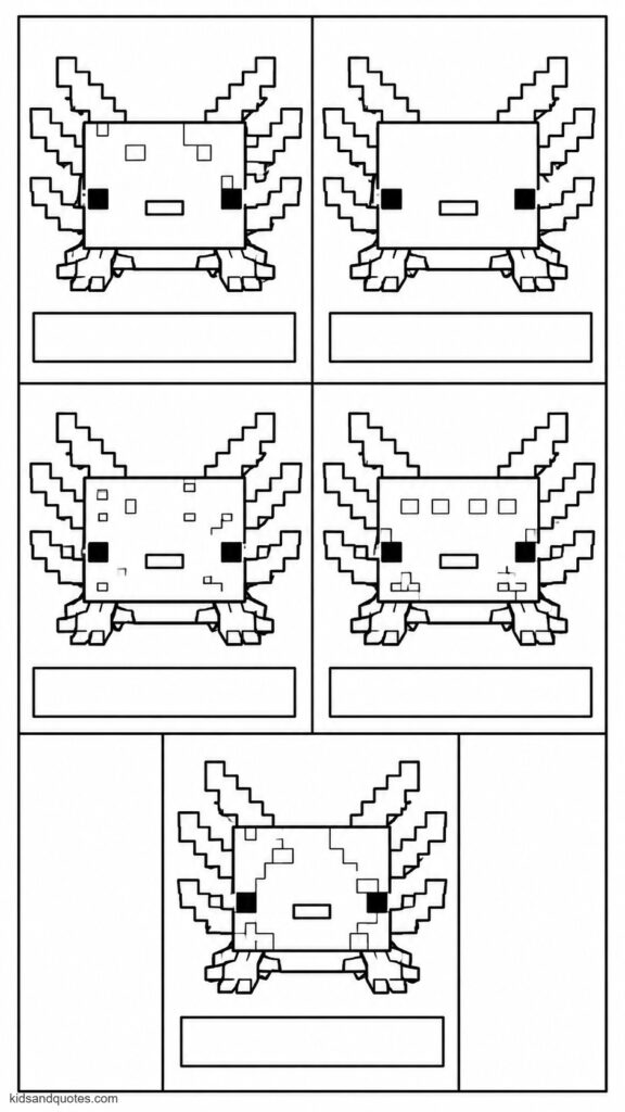 All five Minecraft axolotl color variants leucistic, gold, cyan, blue, and wild lined up side by side in a pixel grid panel.