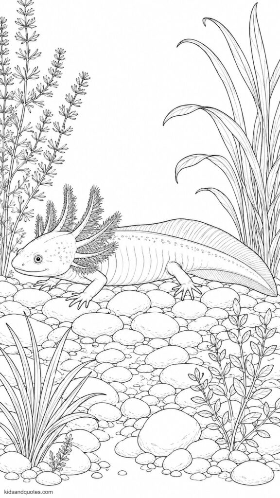 Fully detailed axolotl viewed from the side, resting on a natural lakebed of smooth stones with aquatic plants framing the scene.