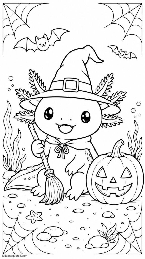 Halloween axolotl dressed as a tiny witch... pointy hat, miniature broomstick, and a jack-o-lantern beside it on the lakebed.