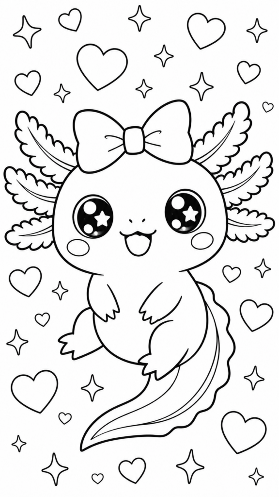 Coloring page of a Kawaii axolotl with oversized sparkly eyes, rosy cheeks, and a giant bow on its head, surrounded by floating hearts and stars.