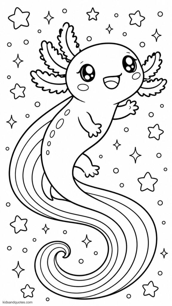 Coloring page of a Kawaii axolotl with a rainbow tail swirling behind it, swimming upward through a cascade of tiny pastel stars and dots.