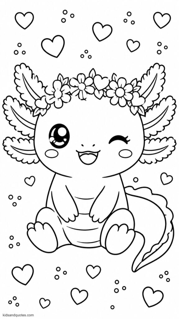 Coloring page of a Kawaii axolotl wearing a floral crown of tiny daisies and hearts, winking with one big sparkling eye.