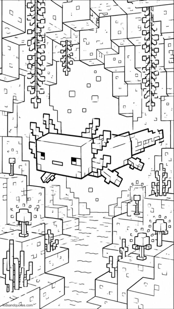 Coloring page of a Leucistic (pink) Minecraft axolotl swimming through a lush cave biome built from pixel blocks, with glowing plants on either side.