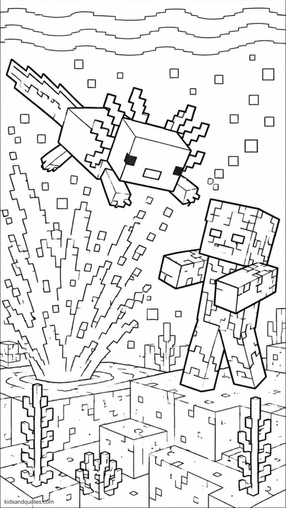 Minecraft axolotl launching out of the water toward a blocky drowned enemy, mid-attack pose with pixel splashes around it.