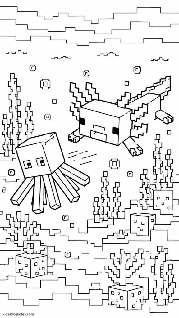 Coloring page of a Cyan Minecraft axolotl chasing a blocky squid through a pixel ocean, water blocks stacked in perfect Minecraft style.