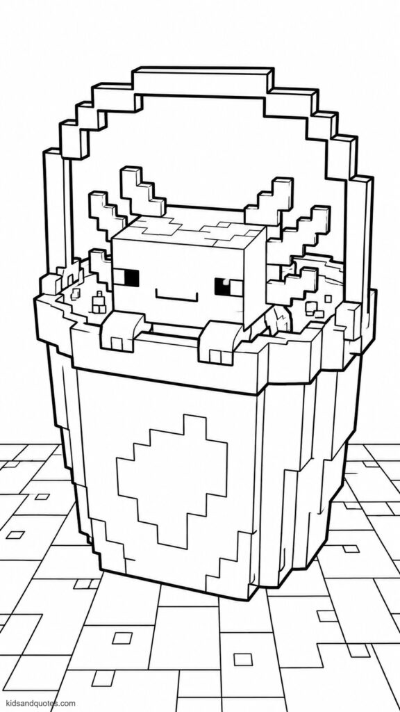 Blue Minecraft axolotl, the rarest color, floating alone inside a pixel-art bucket, looking content and regal.