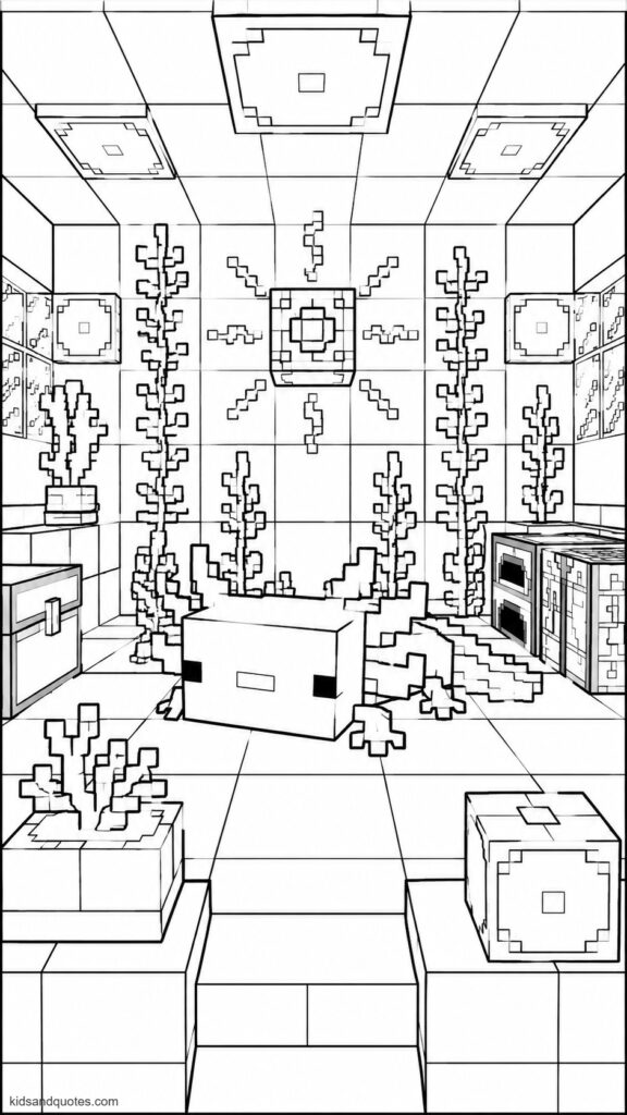 Minecraft axolotl resting inside an underwater pixel-art base, surrounded by sea lanterns, conduit blocks, and kelp on all sides.