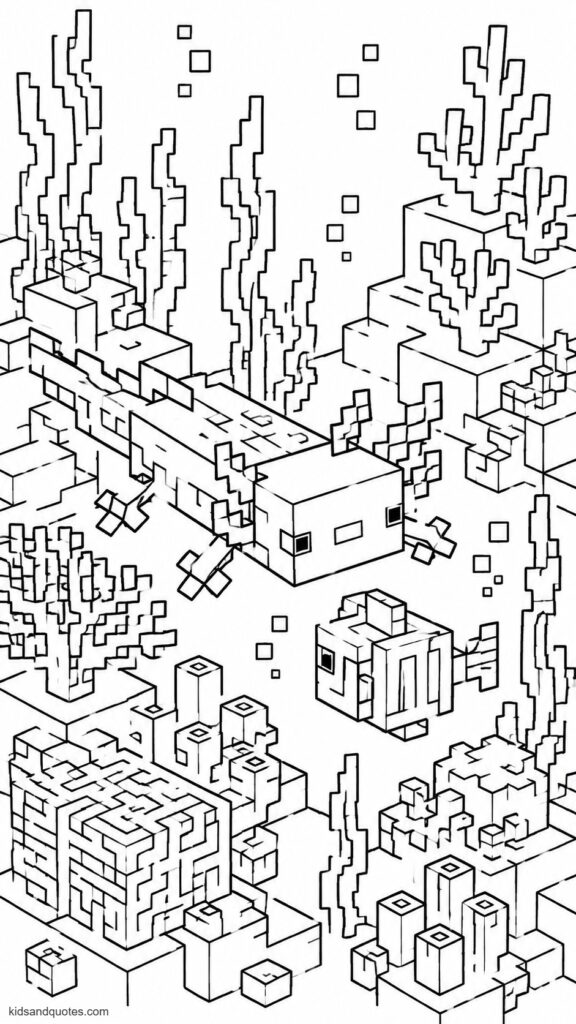Coloring page PDF of a Wild-colored Minecraft axolotl swimming alongside a blocky tropical fish in a coral reef made entirely of pixel blocks.