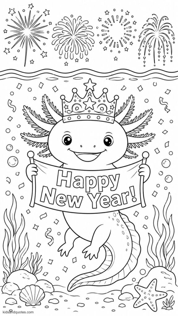 New Year axolotl wearing a sparkly party crown, holding a tiny "Happy New Year!" banner with fireworks bursting above the waterline.