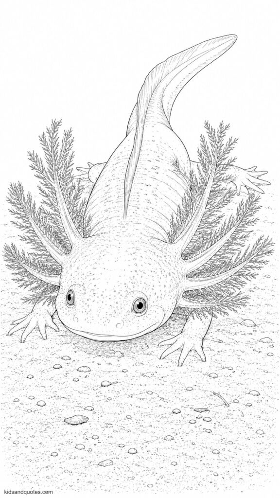 Free printable: Realistic axolotl with highly detailed gill plumes fanned wide, every filament individually drawn, body at rest on fine-grained sandy bottom.