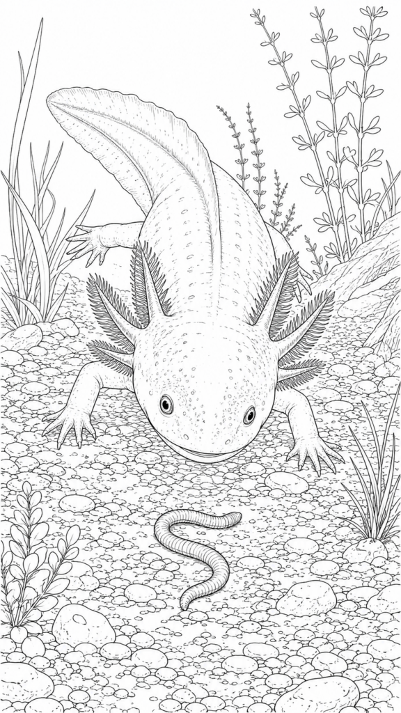 Free printable: Realistic axolotl hunting mouth slightly open, leaning toward a small worm on the lakebed, body taut with natural tension.